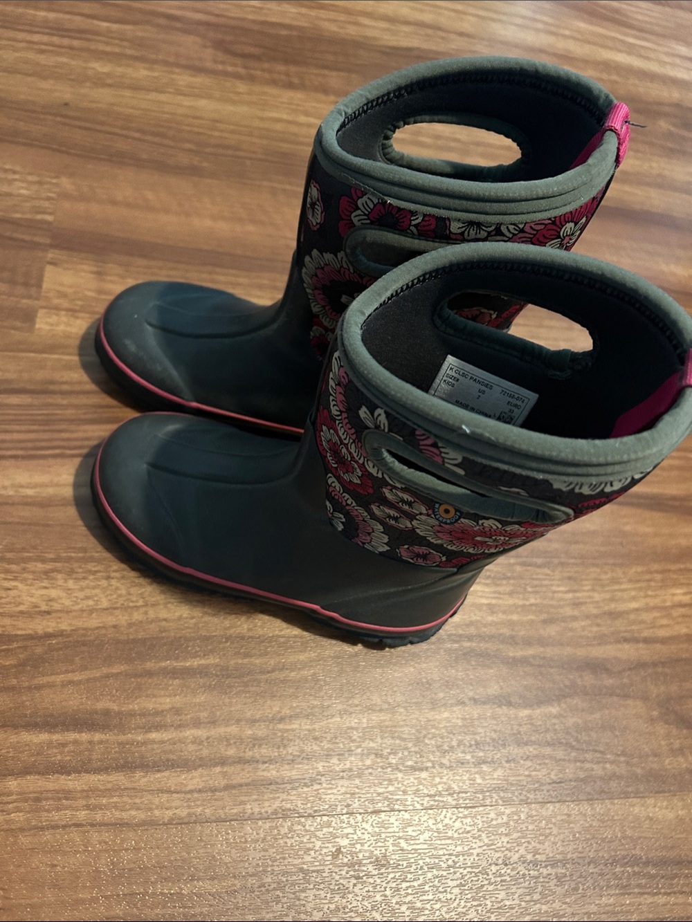 Bogs Kids Black and Pink Floral Waterproof Boots